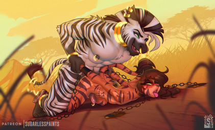 anal anal_penetration animal_print anthro anthro_on_anthro anthro_penetrated anthro_penetrating anthro_penetrating_anthro bdsm bodypaint bondage bound chain duo femboy from_behind_position genital_piercing genitals looking_pleasured male male/male male_penetrated male_penetrating male_penetrating_male nipples nude outside_sex penetration penile penile_penetration penis penis_in_ass penis_piercing piercing predator/prey raceplay sex striped_body stripes tongue tongue_out zebra_print sugarlesspaints equid equine felid lion mammal pantherine zebra 2026 hi_res