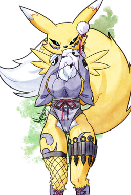 accessory anthro arm_tuft armwear big_breasts black_sclera blue_eyes boots breasts clothing elbow_gloves female fishnet_clothing fishnet_legwear fluffy fluffy_tail footwear fur gloves hair_accessory handwear kunai legwear multicolored_body multicolored_fur neck_tuft ninja shoes simple_background smile solo tail tuft warrior weapon white_body white_fur yellow_body yellow_fur nanaeljustice bandai_namco digimon canid digimon_(species) mammal renamon absurd_res hi_res