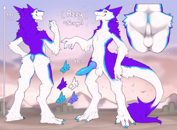 anthro balls blue_body blue_eyes blue_fur butt erection fur genitals male multicolored_body multicolored_fur nude penis purple_body purple_fur smile solo stated_height stated_penis_size tail white_body white_fur inno-sjoa sergal hi_res model_sheet