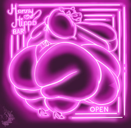 anthro bar bar_sign belly big_belly big_breasts big_butt bikini breasts butt clothing female footwear high_heels neon neon_lights neon_sign obese obese_anthro obese_female overweight overweight_anthro overweight_female rear_view shoes sign smile solo swimwear text thick_thighs two-piece_swimsuit wide_hips lionberrymochi common_hippopotamus hippopotamid mammal absurd_res hi_res