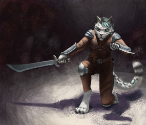 anthro clothed clothing crouching dagger fully_clothed fur hair humanoid_hands male melee_weapon simple_background solo sword weapon efudek victory_(texdot) felid mammal pantherine snow_leopard 2017