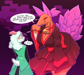anthro asian_clothing bell bell_collar big_breasts blush breasts clothed clothing collar duo east_asian_clothing eyewear female femboy fur glasses hair horn japanese_clothing kimono male male/female orange_body smile smoking_pipe tail tail_motion tailwag text white_body white_fur coffaebeans asian_mythology deltarune east_asian_mythology mythology undertale_(series) ralsei bovid canid canine caprine darkner fox fox_spirit goat mammal netskie absurd_res english_text hi_res