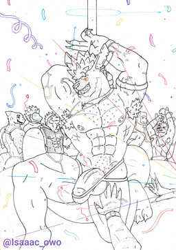 big_penis big_vein bodily_fluids body_hair body_worship chest_hair clothed clothing cum dancing erection erection_under_clothing fishnet_clothing genital_fluids genitals group half-erect jewelry jockstrap male male/male muscular necklace nipple_piercing nipples penis penis_base piercing pole precum pubes scar stripper_pole tongue tongue_piercing underwear vein veiny_muscles veiny_penis isaaac_owo xolun_kordelvaly_van_del aquatic fish kangaroo macropod mammal marsupial scalie shark absurd_res hi_res