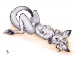 anthro biped black_nipples breasts female fur grey_body grey_fur hand_in_pouch lying nipples nude on_back pouch_(anatomy) pouch_play solo tail flinters kangaroo macropod mammal marsupial 2012