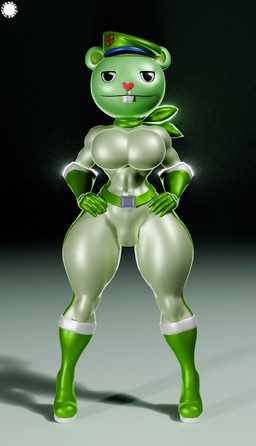 anthro armwear belt big_breasts biker_suit boots breasts buckteeth clothed clothed_anthro clothed_female clothing crossgender elbow_gloves female female_anthro footwear fur gloves green_body green_fur half-closed_eyes hands_on_hips handwear hat headgear headwear heart_nose heart_symbol kerchief knee_boots knee_highs legwear logo looking_at_viewer military_cap mtf_crossgender narrowed_eyes pie_cut_eyes shoes smile smiling_at_viewer solo teeth text thick_thighs wide_hips thatdawgmurray happy_tree_friends flippy_(htf) bear mammal 3d_(artwork) artist_logo artist_name blender_(artwork) digital_media_(artwork) hi_res signature