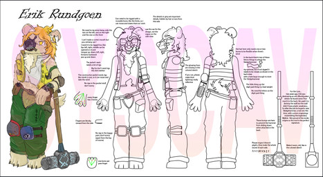 anthro blonde_hair bottomwear clothed clothing construction_equipment fur hair hammer male oversized_bottomwear oversized_clothing oversized_pants pants sledgehammer solo standing tan_body tan_fur text tools yellow_eyes syscav erik_(syscav) hyena mammal english_text hi_res model_sheet sketch