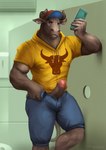 anthro baseball_cap bathroom big_muscles bottomwear cellphone clothed clothing electronics erection genitals hat headgear headwear hoodie horn humanoid_genitalia humanoid_penis inside male manly muscular muscular_anthro muscular_male penis phone shorts smartphone solo standing thick_neck tight_clothing topwear unzipped unzipped_pants zipper satanic_monkey bovid bovine cattle mammal hi_res