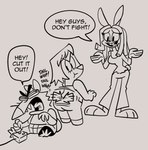 angry anthro dialogue female group humor male pouting tail tail_motion tail_whip text trio galactabee larry_(galactabee) nikki_(galactabee) orianna_(galactabee) american_opossum canid canine canis domestic_dog lagomorph leporid mammal marsupial rabbit 2024 black_and_white english_text hi_res monochrome