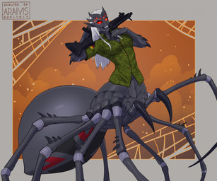 5_fingers 8_legs biped breasts clothed clothed_female clothed_taur clothing female fingers front_view gun holding_gun holding_object holding_ranged_weapon holding_weapon looking_at_viewer mandibles mg3 multi_eye non-mammal_breasts ranged_weapon red_eyes simple_background smile solo standing teeth topwear weapon araivis-edelveys arachnid arachnid_taur arthropod arthropod_taur spider spider_taur taur 2025 digital_media_(artwork) hi_res