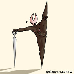 3_fingers abs black_body black_eyes black_skin blinking breasts female fingers genitals heart_symbol looking_at_viewer mask nipples non-mammal_breasts non-mammal_nipples red_nipples solo stretching vulva weapon white_head dehromansfw hollow_knight_(franchise) team_cherry hornet_(hollow_knight) arthropod humanoid 1:1 hi_res shaded