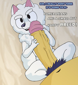 adult_on_young age_difference anthro bed bedroom big_penis black_eyes black_nose duo exclamation_point female fur furniture genitals hand_on_penis high-angle_view humanoid_genitalia humanoid_penis inside it'll_never_fit lying male male/female navel neck_tuft nude on_back on_bed penis penis_on_belly penis_on_body penis_on_chest penis_on_face penis_on_vulva pubes size_difference tail teeth text three-quarter_view tongue tuft vein veiny_penis white_body white_ears white_fur white_tail white_tuft yellow_body yellow_fur young young_anthro young_female fembo bluey_(series) bandit_heeler pom_pom_(bluey) australian_cattle_dog canid canine canis cattledog domestic_dog herding_dog mammal pastoral_dog pomeranian spitz 2025 digital_media_(artwork) english_text hi_res