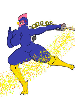 anthro beak beak_closed big_breasts blue_body breasts featureless_breasts female holding_object holding_weapon huge_breasts mouth_closed non-mammal_breasts running solo sparks thick_thighs weapon wide_hips jessica_gregory rooster_fighter elizabeth_(rooster_fighter) avian bird chicken galliform phasianid 3:4 hi_res