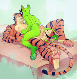 antennae_(anatomy) anthro balls bed blush blush_lines butt duo erection femboy fur furniture genitals glans lying male mouthless muscular muscular_anthro muscular_male nipples nude on_back on_bed pawpads paws pecs penis rear_view striped_body striped_fur stripes tail dogtober saturday_(dogtober) tiger_(dogtober) alien felid mammal mouse murid murine pantherine rodent tiger hi_res