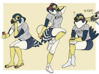 anthro band_merch bottomwear cellphone clothing denim denim_bottomwear denim_clothing denim_shorts electronics female flip_flops footwear headpat headphones multiple_poses phone pose sandals shirt shoes shorts sneakers t-shirt topwear fish_birb nine_inch_nails dennis_(fish_birb) katie_(fish_birb) accipitrid accipitriform avian bird buteo chickenhawk falcon falconid peregrine_falcon red-tailed_hawk 2022 hi_res