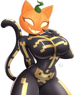 anthro big_breasts breasts curvy_figure female food for_a_head fruit glowing glowing_eyes holidays hourglass_figure plant pumpkin pumpkin_head simple_background solo tail thick_thighs white_background sulldfox epic_games fortnite fortnite:_battle_royale halloween spice_(fortnite) felid feline mammal object_head absurd_res hi_res