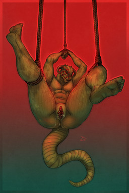 andromorph arms_above_head bdsm bodily_fluids bodypaint bondage bound briar_(kanekasier) butt cum cum_in_vagina cum_inside cum_on_butt cum_on_vulva face_paint featureless_chest feet genital_fluids genitals gradient_background green_background green_body green_scales horn intersex looking_at_viewer mottled mottled_body mottled_scales multiple_piercings muscular piercing red_background red_lighting red_vulva restraints rope rope_bondage scales scaly_tail simple_background soles solo suspension tail vulva interkos microsoft the_elder_scrolls argonian humanoid scalie 2023 full-length_portrait hi_res portrait shaded trans_(lore) trans_man_(lore)