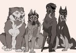 amputee disability eye_patch eyewear feral glasses group male pegleg simple_background sitting tongue tongue_out grumpmuzzle canid canine canis dobermann domestic_dog german_shepherd herding_dog hunting_dog irish_wolfhound mammal pastoral_dog pinscher sighthound 2020