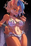 4_fingers anthro bedroom_eyes big_breasts black_nose blonde_hair breasts clothed clothing ear_piercing ear_ring female fingers fur hair half-closed_eyes looking_at_viewer narrowed_eyes navel piercing ring_piercing seductive simple_background skimpy smile solo standing undercut kinuli activision crash_bandicoot_(series) pirate_tawna bandicoot mammal marsupial 2021 digital_media_(artwork) hi_res