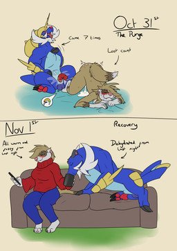after_sex animal_genitalia animal_penis anthro balls blue_body blue_fur bodily_fluids brown_body brown_fur claws cum fangs female feral feral_on_feral fur genital_fluids genitals green_eyes half-erect interspecies looking_pleasured male orgasm_face pawpads penis pokephilia sheath teeth text white_body white_fur alex.fetter nintendo no_nut_november pokemon lucy_(alex.fetter) sampson_(alex.fetter) domestic_ferret generation_5_pokemon mammal mustelid musteline pokemon_(species) samurott true_musteline weasel absurd_res english_description english_text hi_res meme