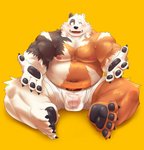 anthro balls_outline black_body black_fur black_nose blush boxer_briefs brown_body brown_fur bulge clothing detailed_bulge fur genital_outline humanoid_hands kemono male overweight overweight_anthro overweight_male penis_outline simple_background sitting solo underwear white_body white_clothing white_fur white_underwear yellow_background mti777 bear mammal 2020 hi_res