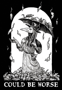 ambiguous_gender bag belt bodies clothing corpse death feral group hat headgear headwear male plague_doctor raining satchel simple_background text umbrella white_text urbanknight humanoid mammal murid murine rat rodent monochrome