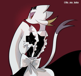 alternative_fashion ambiguous_gender anthro clothing dipstick_tail fur goth gothic_lolita j-fashion lolita_(fashion) looking_back maid_uniform markings purple_body purple_fur purple_tail_tip red_eyes solo tail tail_markings uniform whiskers white_body white_ears white_fur white_tail yellow_body yellow_fur na_ma_koko nintendo pokemon generation_5_pokemon mienshao pokemon_(species) 2026 hi_res