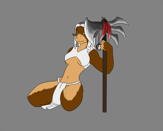 anthro axe bottomwear clothed clothing female loincloth melee_weapon skimpy solo weapon morose_ambrose bovid caprine mammal 5:4