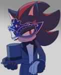 anthro black_body black_fur bow_(feature) bow_in_front bow_tie claws clothing fur grey_background grey_clothing hat headgear headwear holding_object looking_at_viewer male mask masquerade_mask red_body red_eyes red_fur simple_background smile solo suit top_hat sikai sega sonic_the_hedgehog_(series) shadow_the_hedgehog eulipotyphlan hedgehog mammal portrait three-quarter_portrait