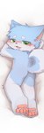 4_toes anthro black_nose blep blue_body blue_ears blue_fur blue_tail blush blush_lines butt circle_eyebrows claws dakimakura eyebrows fangs feet finger_claws fur green_eyes half-closed_eyes hindpaw looking_at_viewer looking_back looking_back_at_viewer lying male multicolored_body multicolored_fur multicolored_tail narrowed_eyes on_front open_mouth open_smile pawpads paws pink_pawpads raised_tail smile solo tail teeth toe_claws toes tongue tongue_out white_body white_eyebrows white_fur white_tail young young_anthro young_male fluffyzit haru_(blumewmew) canid canine canis domestic_dog mammal hi_res