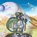 anthro big_butt breasts butt clothed clothing cloud copyright_symbol detailed_background female green_body holding_object looking_away plant rear_view rock_formation sky solo spacecraft spacesuit symbol vehicle borisalien the_outer_worlds karen_(wholesomeeagle) alligator alligatorid crocodilian reptile scalie 1:1 2020 artist_name digital_media_(artwork) digital_painting_(artwork) watermark