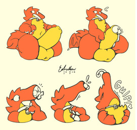 anthro balls bell bell_collar belly blush blush_lines bodily_fluids collar cum cum_on_own_penis cum_on_penis cum_on_self duo erection eye_contact eyes_closed genital_fluids genitals kneeling looking_at_another male male_pred navel neck_bulge orange_body orange_tail penis simple_background tail thick_thighs tongue tongue_out vore white_background white_body white_collar white_tongue yellow_balls yellow_belly yellow_penis sofmallow anteater mammal pilosan xenarthran 2025 absurd_res digital_drawing_(artwork) digital_media_(artwork) hi_res sequence signature