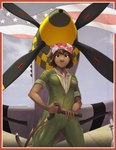 aircraft airplane american_flag anthro breasts brown_body brown_eyes brown_fur brown_hair clothing female fur green_clothing hair headgear headkerchief headwear holding_object jumpsuit kerchief looking_at_viewer propeller shirt short_hair smile solo topwear united_states_of_america vehicle littlenapoleon p-51 canid canine canis domestic_dog mammal p-51_mustang 2014 digital_media_(artwork) hi_res