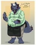 anthro belly bottomwear clothing humanoid_hands male overweight overweight_anthro overweight_male pants shirt solo text topwear spazz_bear canid canine canis mammal wolf 2018 4:5 english_text