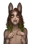 ahegao anthro begging begging_pose bodily_fluids brown_body brown_hair brown_skin buckteeth cum cum_drip cum_in_mouth cum_inside cum_on_face cum_string detailed_eyes dripping femboy genital_fluids green_eyes green_hair hair highlights_(coloring) looking_pleasured looking_up male nipple_piercing nipple_ring nipples nude open_mouth oral_invitation pale_body pale_fur pale_skin piercing pose ring_piercing simple_background solo teeth tongue tongue_out wavy_hair nazena_ra sandry_vallheim lagomorph leporid mammal rabbit 2021 2022 absurd_res colored detailed digital_drawing_(artwork) digital_media_(artwork) digital_painting_(artwork) hi_res shaded trans_(lore) trans_woman_(lore)