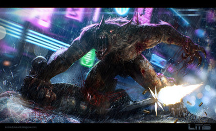4_toes all_fours angry anthro athletic attack battle blood bodily_fluids bone bright_eyes brown_body brown_fur building bullet bullet_casing claws clenched_teeth clothed clothing digitigrade disembowelment duo eyes_closed fangs feet fight fur gore gun gunfire hand_on_head lights male muscular night no_pupils nude open_mouth outside pain raining ranged_weapon red_eyes saliva shooting size_difference spent_casing street tattoo teeth toes weapon wet david_ogilvie mythology canid canine human mammal mythological_canine mythological_creature werecanid werecanine werecreature werewolf digital_media_(artwork)