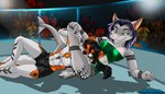 anthro arm_tattoo athletic athletic_anthro athletic_female athletic_male audience barefoot black_hair bottomwear breasts cleavage clothed clothing cybernetics duo_focus feet female fight fighting_ring fur grey_body grey_skin group hair leg_tattoo leg_wrap machine male male/female mma multicolored_body multicolored_fur navel nipple_outline orange_body orange_fur public ring shorts tattoo topless topless_male two_tone_body two_tone_fur white_body white_fur fureverick hybris kamikaze_otium laguna_silverjaw canid canine canis cyborg fish fox mammal marine shark wolf 2020 hi_res signature