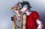 anthro clothing duo kissing kissing_cheek male red_clothing red_shirt red_topwear shirt smile teeth topwear asher_tail wylie_james_evans canid canine canis coyote mammal