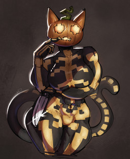 abs anthro arm_under_breasts big_breasts bodysuit breasts clothing female finger_on_lip food for_a_head fruit glowing glowing_eyes holding_knife holding_object knife muscular muscular_anthro muscular_female plant pumpkin pumpkin_head skinsuit solo standing tail thinking tight_clothing mezaverr epic_games fortnite spice_(fortnite) domestic_cat felid feline felis mammal object_head absurd_res hi_res