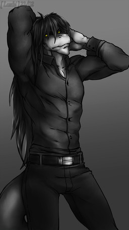 anthro belt black_hair bottomwear bulge clothing gradient_background grey_background grumpy hair long_hair looking_at_viewer male manly muscular muscular_male pants pose shirt simple_background solo tail tight_clothing tight_shirt tight_topwear topwear yellow_eyes loxchi mythology rashouru dragon mythological_creature mythological_scalie reptile scalie 2023 9:16 greyscale hi_res monochrome signature spot_color