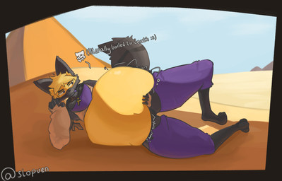 after_vore ambiguous_gender ambiguous_prey anthro anthro_pred armwear belly big_belly black_arms black_ears black_feet black_legs black_tail blonde_hair bone churn churning clothing cross death desert digestion fatal_vore feet great_pyramids_at_giza hair hand_on_belly lounging lying male male_anthro male_pred on_side outside post_digestion purple_legs purple_tongue pyramid rumbling_stomach sand skull skull_symbol slosh sloshing sloshing_belly smug smug_face solo tail text tongue vore willing_pred yellow_belly serven nintendo pokemon canid canine canis generation_4_pokemon jackal lucario mammal pokemon_(species) hi_res signature