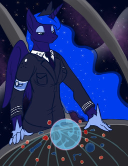 anthro anthrofied blue_body blue_eyes blue_feathers blue_hair clothing crown feathered_wings feathers female hair headgear hologram horn long_hair map multicolored_hair new_lunar_republic solo space spacecraft star uniform vehicle wings foxenawolf friendship_is_magic hasbro my_little_pony mythology princess_luna_(mlp) equid equine mammal mythological_creature mythological_equine winged_unicorn 2012 comic