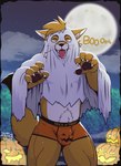 anthro big_bulge black_border body_hair border bulge claws cloak clothing cloud costume eyes_closed food front_view fruit full_moon fur ghost_costume hair happy happy_trail holidays hood jack-o'-lantern male moon muscular muscular_anthro muscular_male night open_mouth open_smile outside plant pubes pumpkin sky smile solo standing text thick_thighs tongue tongue_out tuft underwear whiskers juan_atoq halloween canid canine fox mammal 2024 absurd_res english_text hi_res signature