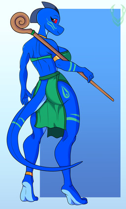 anklet anthro armlet athletic bandeau big_breasts blue_body blue_scales blue_skin bodypaint bottomwear breasts butt clothed clothing countershade_feet countershade_neck countershade_tail countershade_torso countershading face_paint feet female gradient_background green_bottomwear green_clothing green_topwear jewelry loincloth looking_at_viewer looking_back markings neck_ring non-mammal_breasts pelvic_curtain rear_view red_eyes scales scutes simple_background skimpy smile solo staff tail tiptoes topwear tribal tribal_clothing tribal_markings justathereptile june_(justathereptile) komodo_dragon lizard monitor_lizard reptile scalie digital_media_(artwork) hi_res watermark herm_(lore) intersex_(lore)