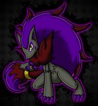 ambiguous_gender claws fur grey_body grey_fur hair head_markings highlights_(coloring) inner_ear_fluff markings ponytail purple_claws purple_hair purple_inner_ear purple_markings red_body red_fur solo toe_claws tuft yellow_eyes drinkyourvegetable game_freak nintendo pokemon canid canine generation_5_pokemon mammal pokemon_(species) shiny_pokemon zoroark