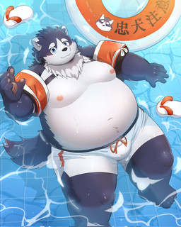 anthro belly blue_eyes blush bottomwear bulge clothing eyebrows floating footwear fur grey_body grey_fur inflatable looking_at_viewer male moobs navel nipples overweight overweight_male pool_float sandals shoes shorts smile solo swim_ring swimming swimming_pool text thick_eyebrows kemonuo novembe41511045 tamacolle harima canid canine canis domestic_dog mammal hi_res japanese_text