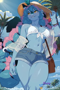 anthro bikini bikini_bottom bikini_top blue_body blue_fur blue_hair breasts clothed clothing female fur hair hat headgear headwear navel outside pink_hair smile solo swimwear two-piece_swimsuit yellow_eyes evehly equid equine horse mammal pony 2026 hi_res