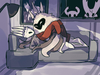 2_horns 3_horns 7_horns ambiguous_gender anthro apode being_watched black_body black_eyes black_face brown_clothing brown_shirt brown_topwear castle clothed clothed_anthro clothing feathers female furniture grey_clothing grey_sofa grey_sweater grey_topwear group happy hiding holding_tentacle horn lamp larger_female legless light looking_at_another looking_through looking_through_window male male/female multi_horn night painting_(object) pinned pinned_to_sofa red_scarf scarf shirt size_difference smaller_male sofa sweater tentacles topwear underneath white_body white_eyes white_feathers white_head window oxide_cat hollow_knight_(franchise) team_cherry hollow_knight_(character) pale_king_(hollow_knight) radiance_(hollow_knight) the_knight_(hollow_knight) arthropod arthropod_taur insect insect_taur lepidopteran moth taur vessel_(species) wyrm_(hollow_knight) 2026 4:3 colored_sketch digital_media_(artwork) shaded sketch father_(lore) father_and_child_(lore) nonbinary_(lore) parent_(lore) parent_and_child_(lore)