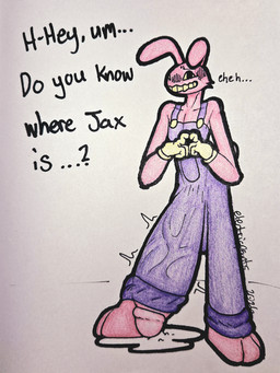 anthro asking_viewer balls big_balls big_bulge big_penis bodily_fluids bulge clothed clothing dialogue excessive_genital_fluids excessive_precum genital_fluids genitals gloves grin grinning_at_viewer handwear huge_balls huge_bulge huge_penis hyper hyper_balls hyper_bulge hyper_genitalia hyper_penis looking_at_viewer male nervous nervous_smile overalls overalls_only penis penis_shaped_bulge pink_body precum simple_background smile smiling_at_viewer solo text throbbing throbbing_penis vein veiny_penis yellow_eyes conditional_dnp electricpants138456 glitch_productions the_amazing_digital_circus evil_jax_(tadc) lagomorph leporid mammal rabbit 2026 absurd_res colored dated english_text hi_res portrait shaded three-quarter_portrait