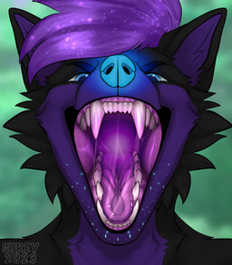 anthro black_body black_fur blue_eyes blue_nose bodily_fluids cheek_tuft close-up cosmic_hair dominant drooling ethereal_hair facial_tuft fangs fur glowing glowing_mouth glowing_nose male mouth_shot open_mouth purple_body purple_fur saliva simple_background solo sparkles teeth throat tongue tuft vore_tease surylimon kitsunaki canid canine fox mammal 2023 digital_media_(artwork) hi_res
