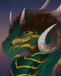 black_sclera brown_horn feral green_body green_scales horn male markings multicolored_horn pink_eyes scales solo ventral_scales white_horn yellow_body yellow_markings yellow_scales padjetxharrington mythology dragon mythological_creature mythological_scalie scalie hi_res